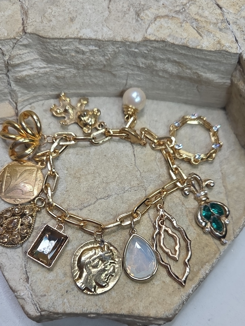 Vintage Gold Tone Charm Bracelet with Pearl Bear Coin & Gem Accents